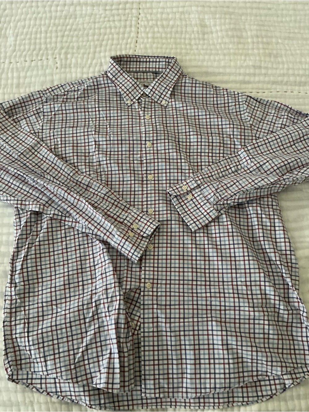 Peter Millar Men's White Button-Down Shirt with Blue & Red Plaid